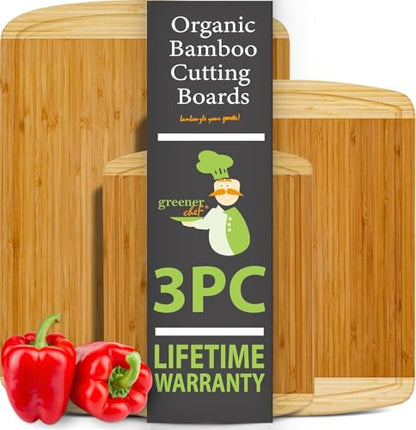 GREENER CHEF Organic Bamboo Cutting Board Set of 3 with Lifetime Replacements - Wood Cutting Board Set with Juice Groove - Wooden Chopping Board Set for Kitchen, Meat, Vegetables and Cheese - CookCave