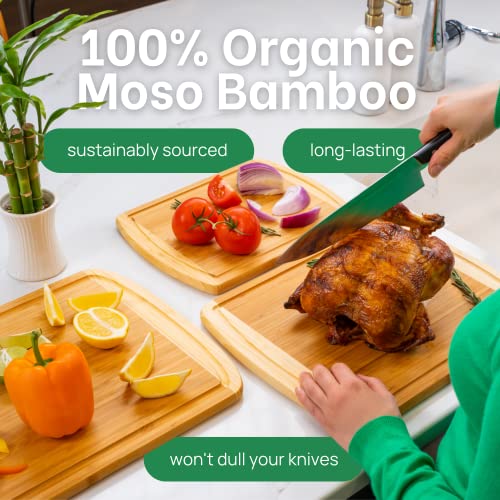 GREENER CHEF Organic Bamboo Cutting Board Set of 3 with Lifetime Replacements - Wood Cutting Board Set with Juice Groove - Wooden Chopping Board Set for Kitchen, Meat, Vegetables and Cheese - CookCave