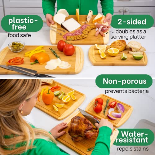 GREENER CHEF Organic Bamboo Cutting Board Set of 3 with Lifetime Replacements - Wood Cutting Board Set with Juice Groove - Wooden Chopping Board Set for Kitchen, Meat, Vegetables and Cheese - CookCave