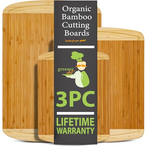 GREENER CHEF Organic Bamboo Cutting Board Set of 3 with Lifetime Replacements - Wood Cutting Board Set with Juice Groove - Wooden Chopping Board Set for Kitchen, Meat, Vegetables and Cheese - CookCave