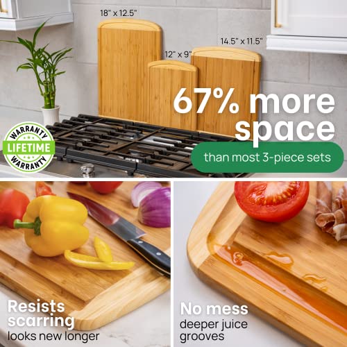 GREENER CHEF Organic Bamboo Cutting Board Set of 3 with Lifetime Replacements - Wood Cutting Board Set with Juice Groove - Wooden Chopping Board Set for Kitchen, Meat, Vegetables and Cheese - CookCave