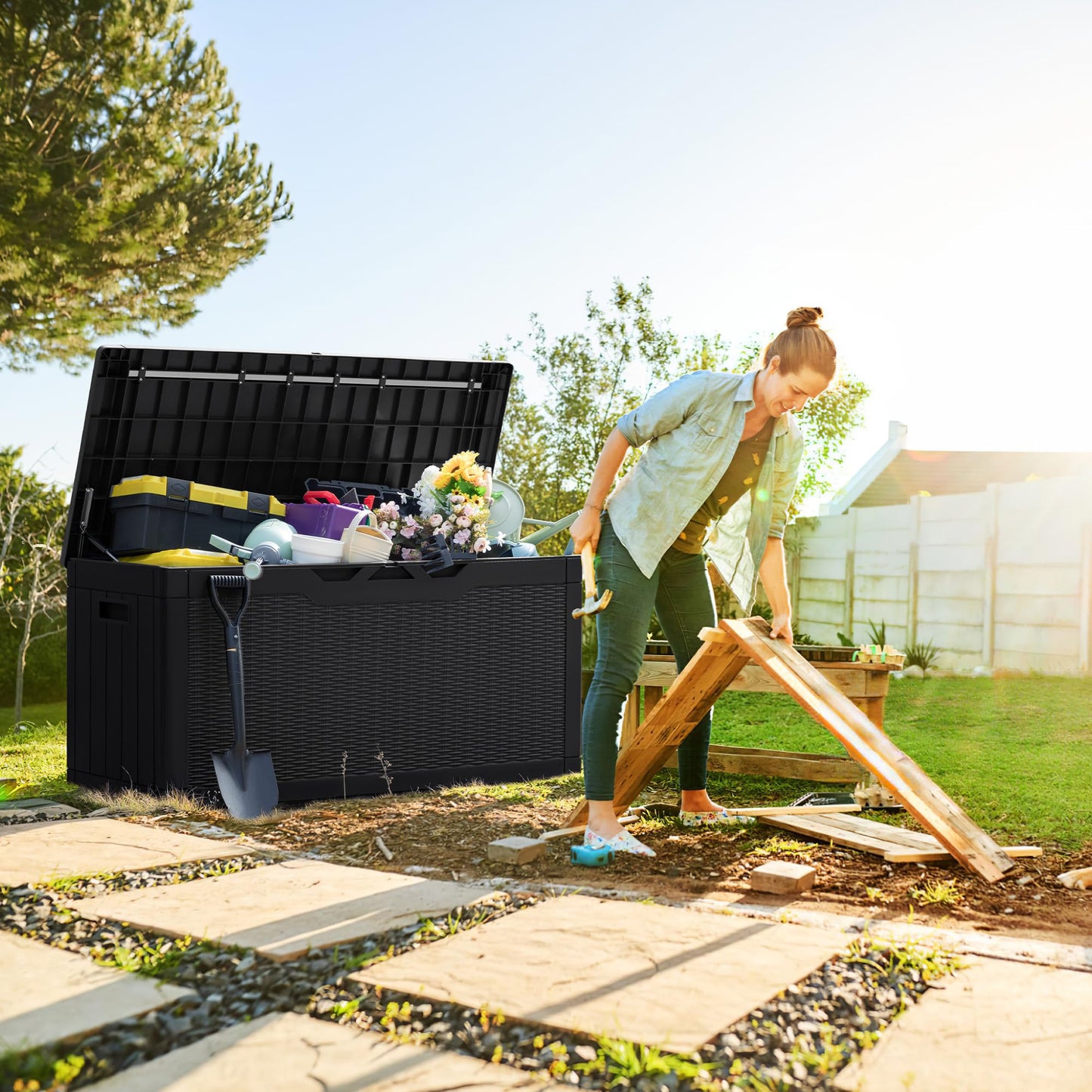 Greesum 100 Gallon Resin Deck Box Lockable Large Outdoor Storage Boxes for Garden Tools, Patio Furniture Cushions, Pool Supplies, Black - CookCave