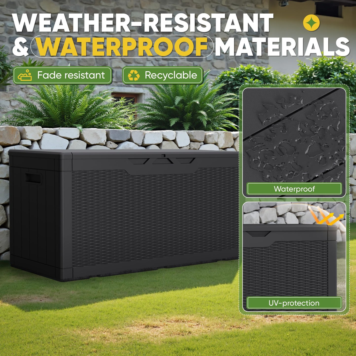 Greesum 100 Gallon Resin Deck Box Lockable Large Outdoor Storage Boxes for Garden Tools, Patio Furniture Cushions, Pool Supplies, Black - CookCave