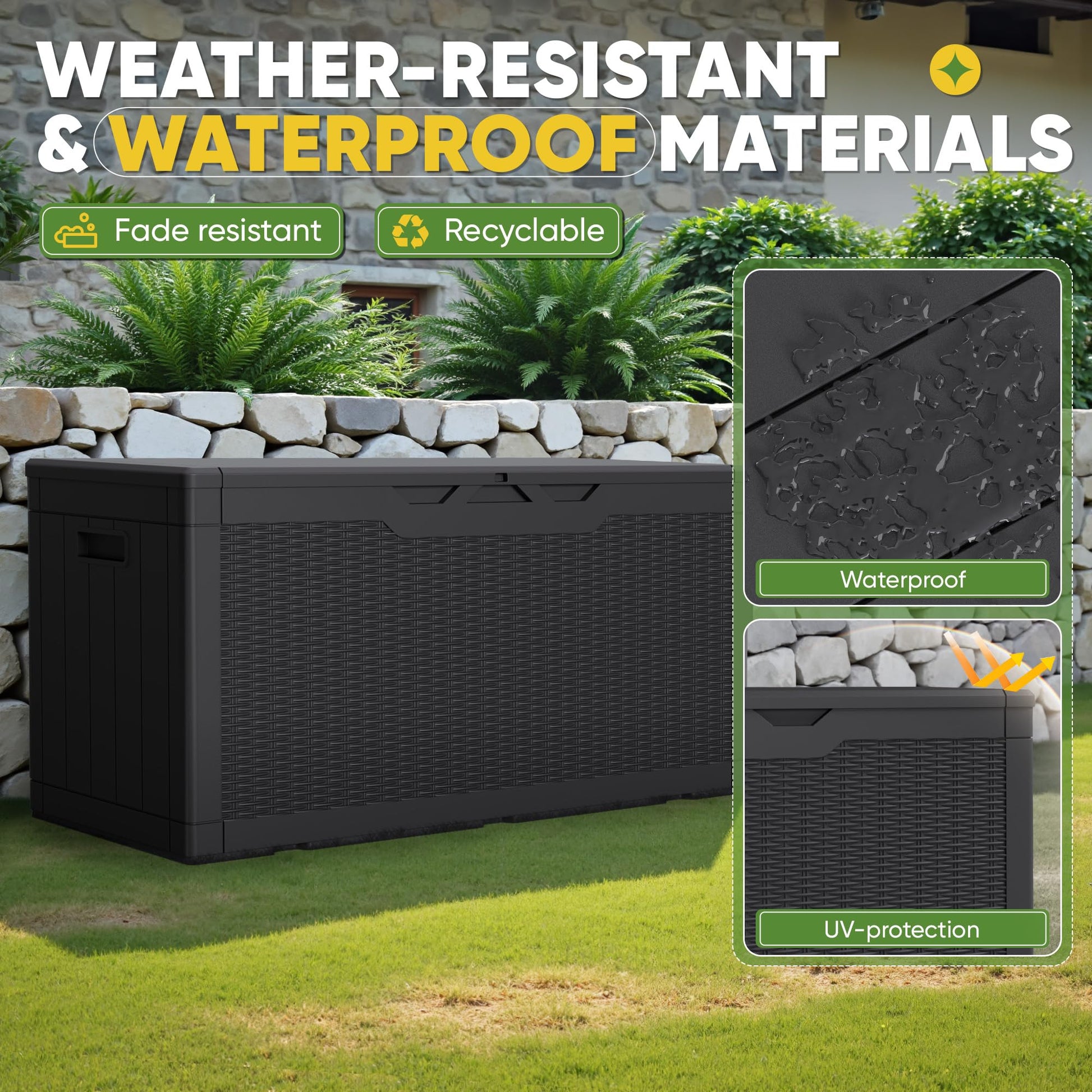 Greesum 100 Gallon Resin Deck Box Lockable Large Outdoor Storage Boxes for Garden Tools, Patio Furniture Cushions, Pool Supplies, Black - CookCave