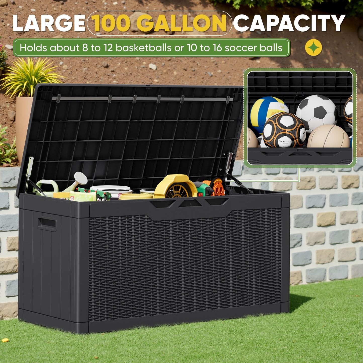 Greesum 100 Gallon Resin Deck Box Lockable Large Outdoor Storage Boxes for Garden Tools, Patio Furniture Cushions, Pool Supplies, Black - CookCave