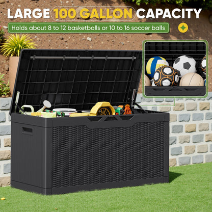 Greesum 100 Gallon Resin Deck Box Lockable Large Outdoor Storage Boxes for Garden Tools, Patio Furniture Cushions, Pool Supplies, Black - CookCave