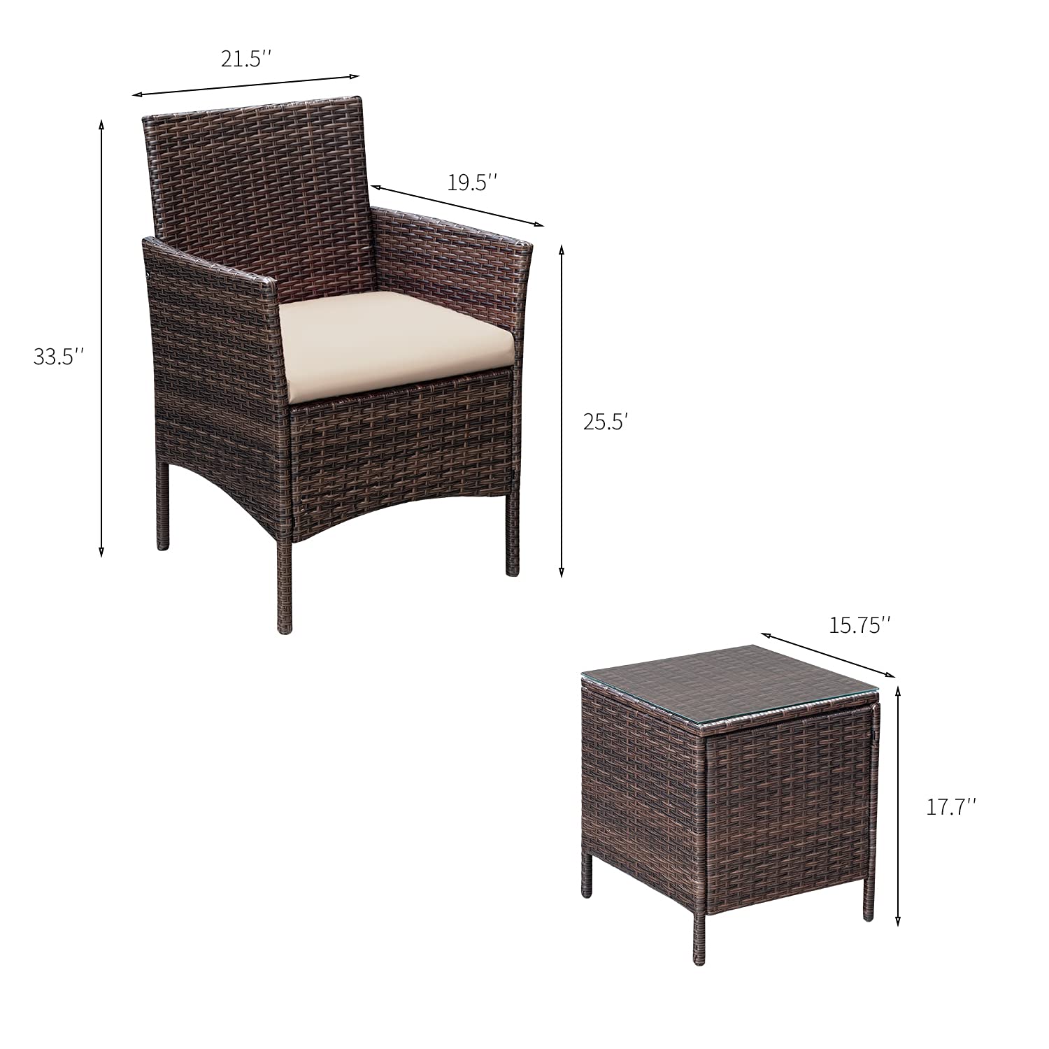 Greesum 3 Pieces Patio Furniture Sets Outdoor PE Rattan Wicker Chairs with Soft Cushion and Glass Coffee Table for Garden Backyard Porch Poolside, Brown and Beige - CookCave
