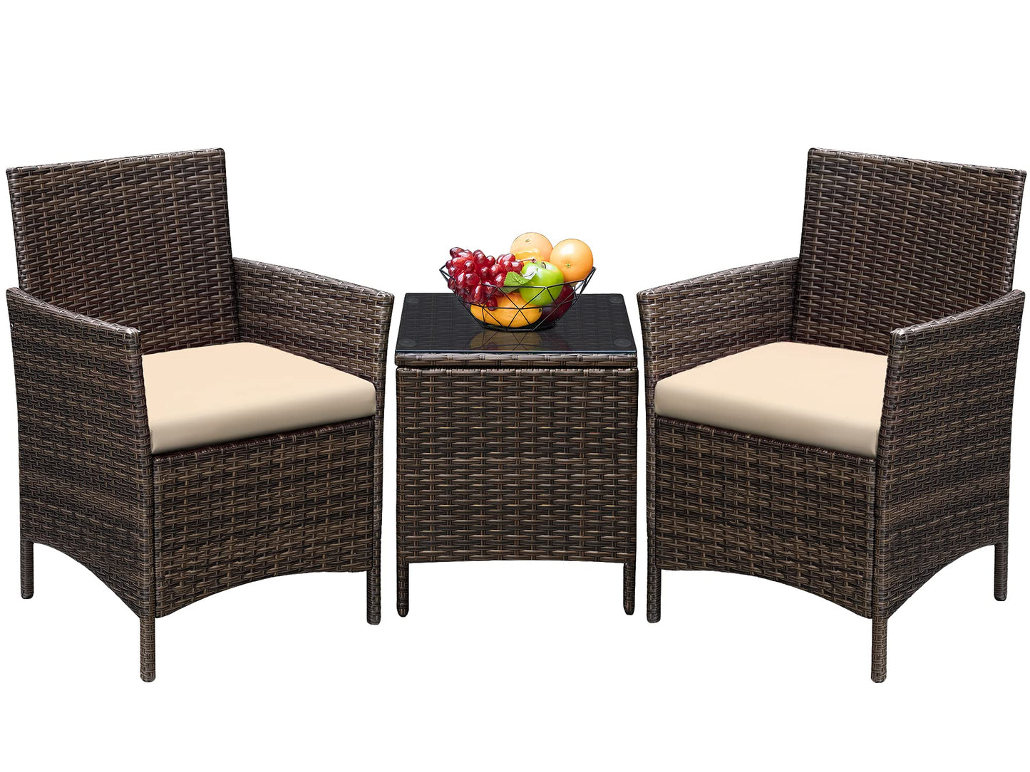 Greesum 3 Pieces Patio Furniture Sets Outdoor PE Rattan Wicker Chairs with Soft Cushion and Glass Coffee Table for Garden Backyard Porch Poolside, Brown and Beige - CookCave