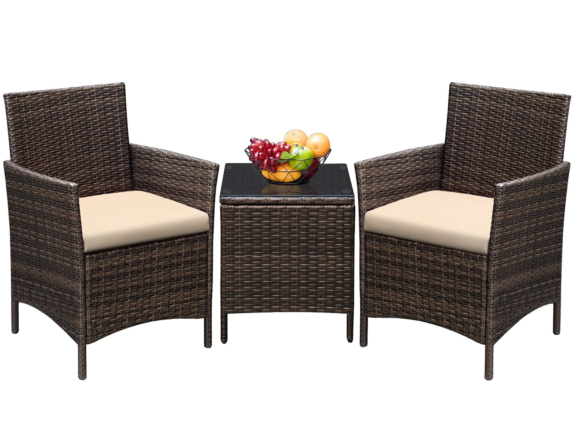 Greesum 3 Pieces Patio Furniture Sets Outdoor PE Rattan Wicker Chairs with Soft Cushion and Glass Coffee Table for Garden Backyard Porch Poolside, Brown and Beige - CookCave