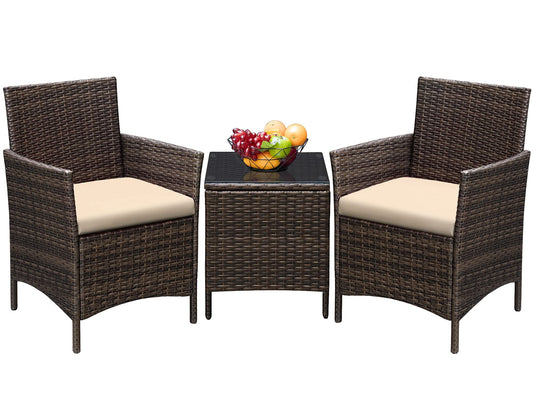 Greesum 3 Pieces Patio Furniture Sets Outdoor PE Rattan Wicker Chairs with Soft Cushion and Glass Coffee Table for Garden Backyard Porch Poolside, Brown and Beige - CookCave