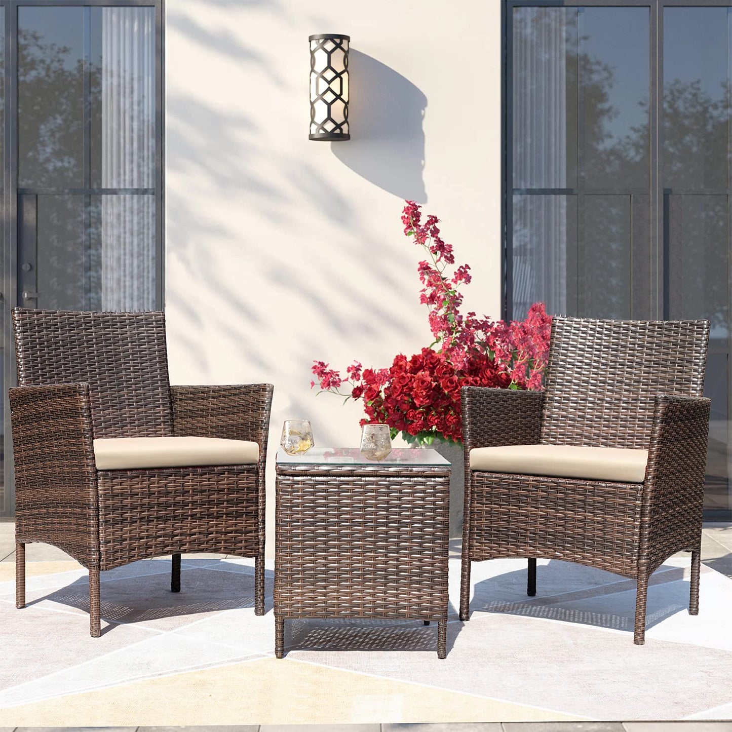 Greesum 3 Pieces Patio Furniture Sets Outdoor PE Rattan Wicker Chairs with Soft Cushion and Glass Coffee Table for Garden Backyard Porch Poolside, Brown and Beige - CookCave