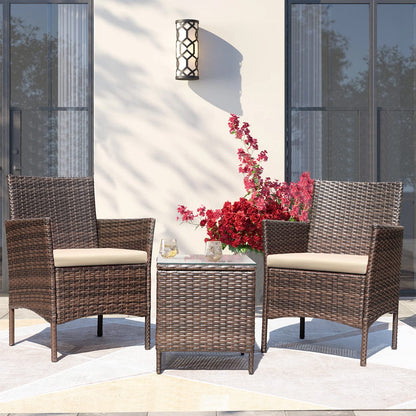 Greesum 3 Pieces Patio Furniture Sets Outdoor PE Rattan Wicker Chairs with Soft Cushion and Glass Coffee Table for Garden Backyard Porch Poolside, Brown and Beige - CookCave