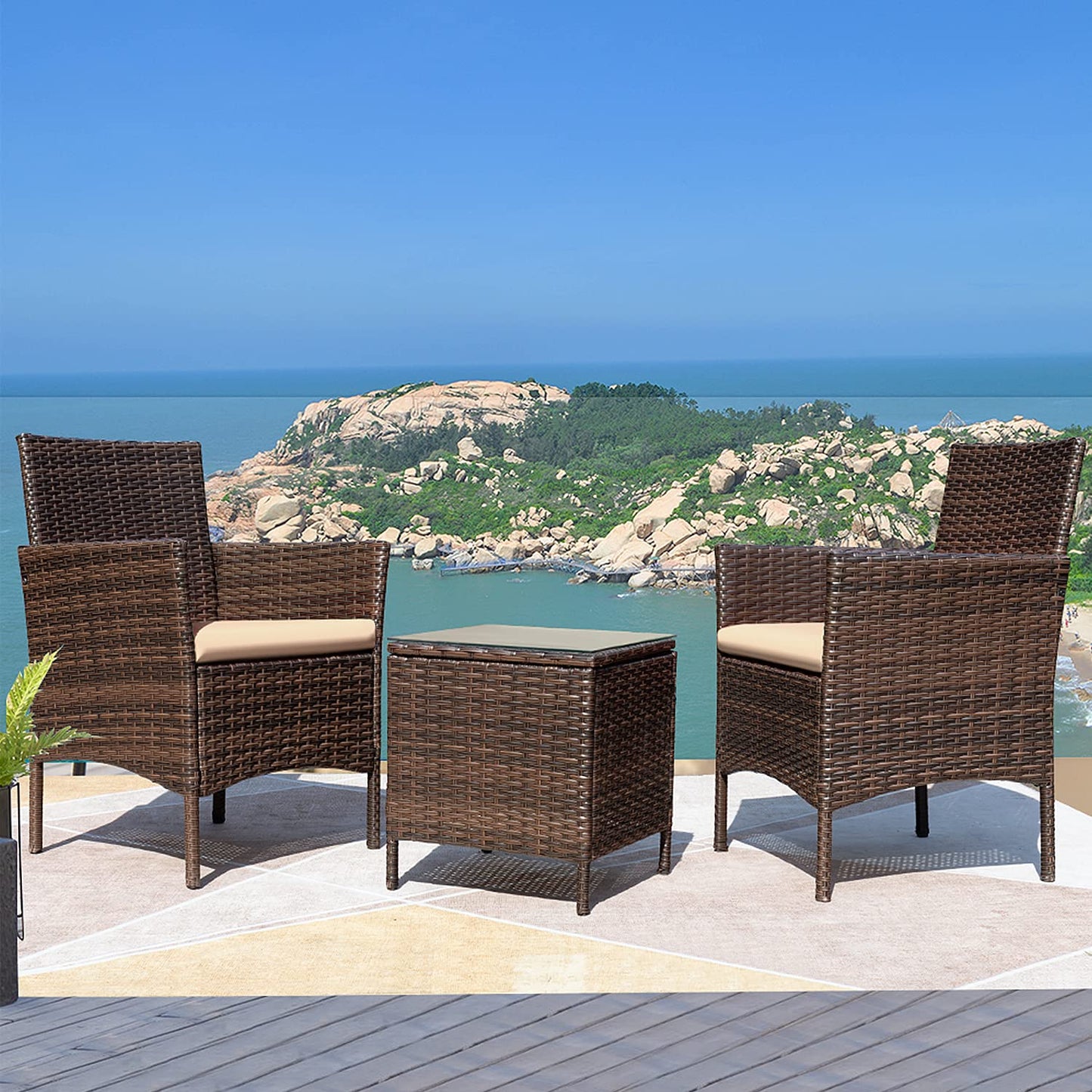 Greesum 3 Pieces Patio Furniture Sets Outdoor PE Rattan Wicker Chairs with Soft Cushion and Glass Coffee Table for Garden Backyard Porch Poolside, Brown and Beige - CookCave