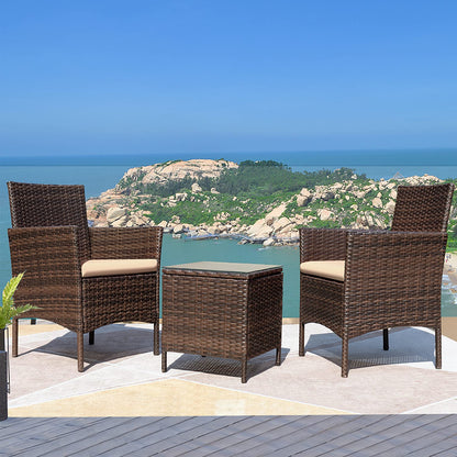 Greesum 3 Pieces Patio Furniture Sets Outdoor PE Rattan Wicker Chairs with Soft Cushion and Glass Coffee Table for Garden Backyard Porch Poolside, Brown and Beige - CookCave