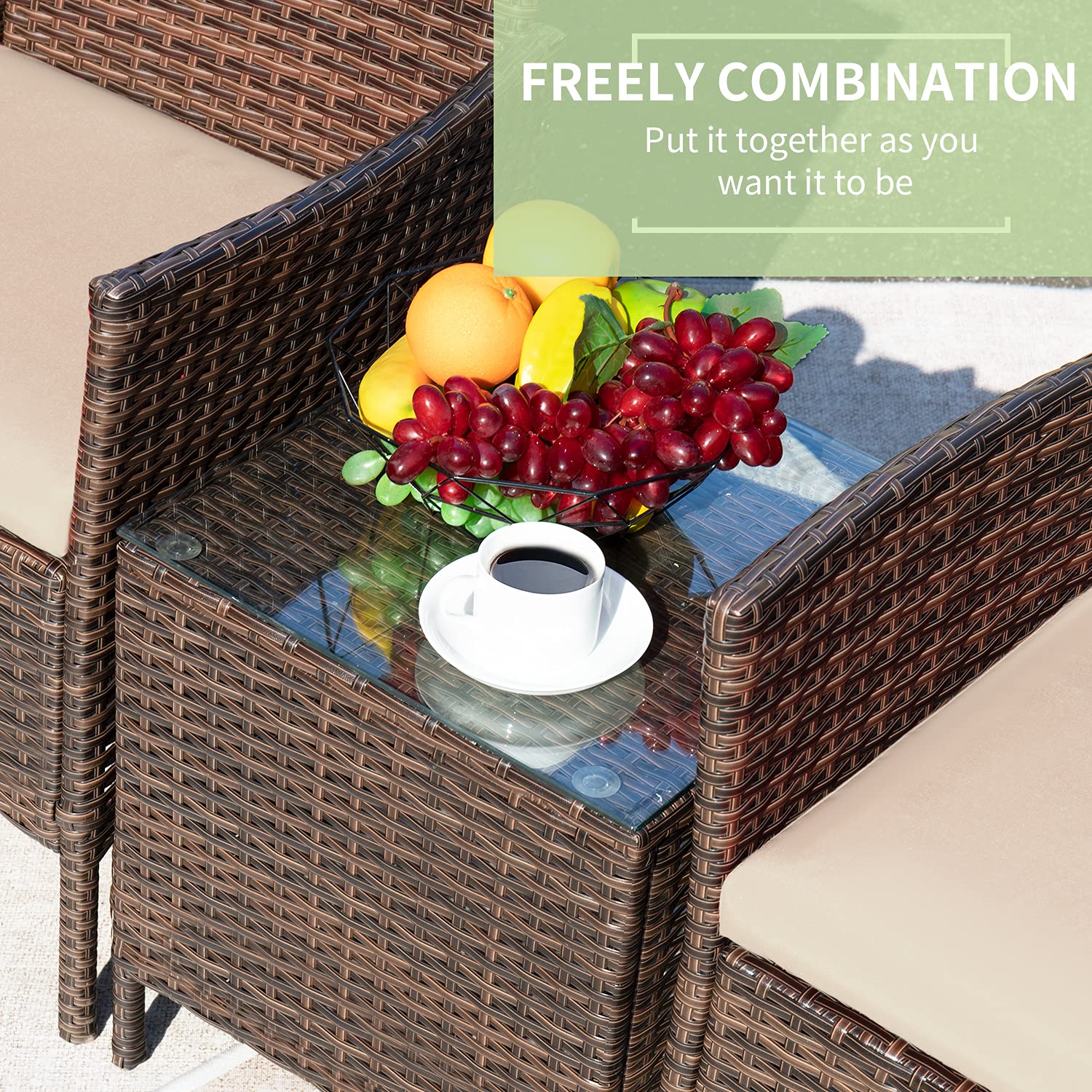 Greesum 3 Pieces Patio Furniture Sets Outdoor PE Rattan Wicker Chairs with Soft Cushion and Glass Coffee Table for Garden Backyard Porch Poolside, Brown and Beige - CookCave