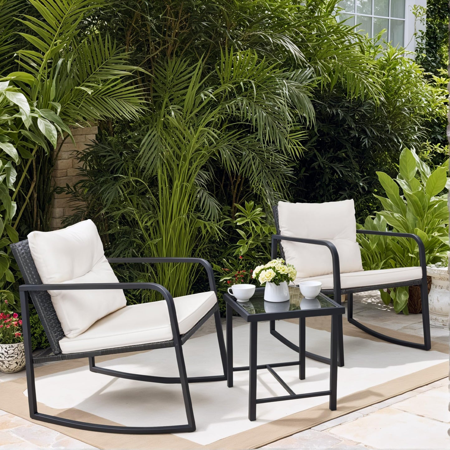 Greesum 3 Pieces Rocking Wicker Bistro Set, Patio Outdoor Furniture Conversation Sets with Porch Chairs and Glass Coffee Table, Beige - CookCave