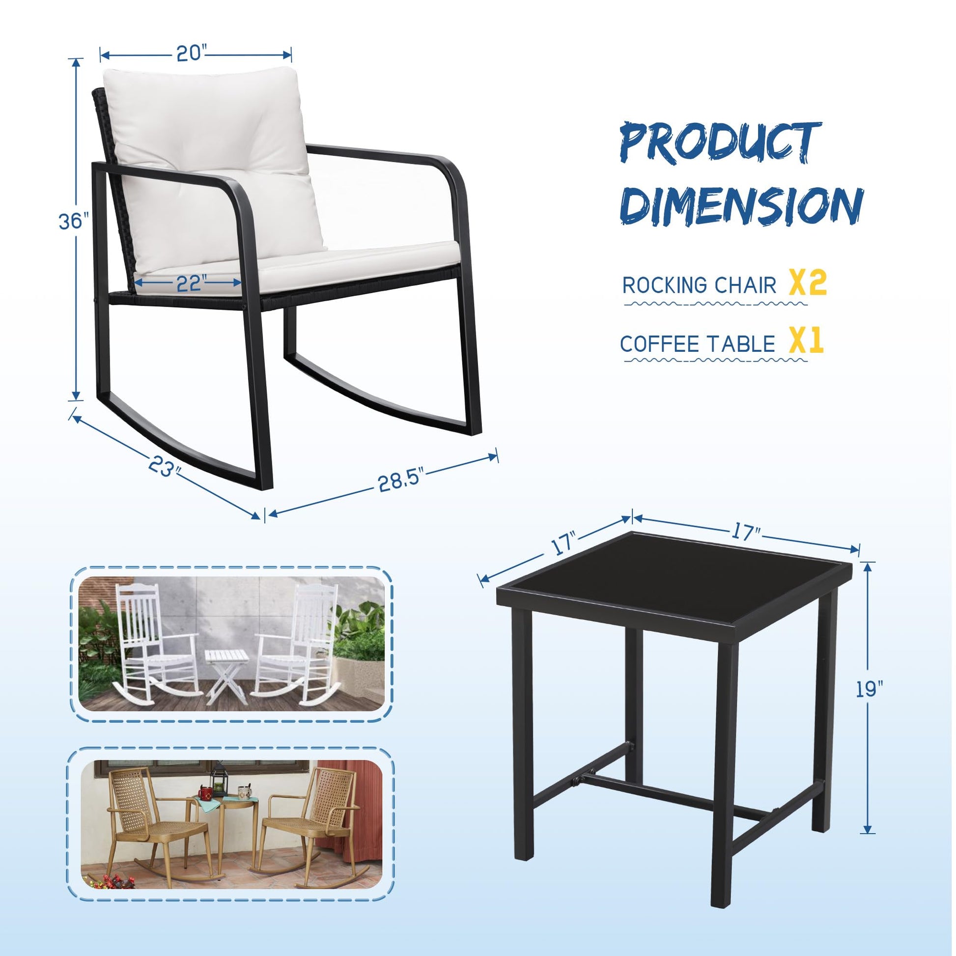 Greesum 3 Pieces Rocking Wicker Bistro Set, Patio Outdoor Furniture Conversation Sets with Porch Chairs and Glass Coffee Table, Beige - CookCave
