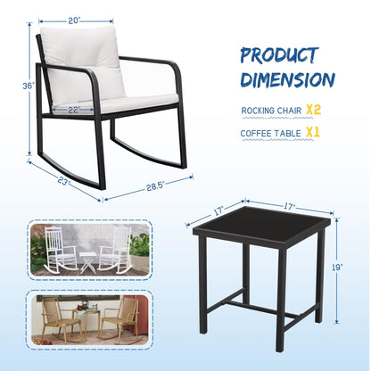 Greesum 3 Pieces Rocking Wicker Bistro Set, Patio Outdoor Furniture Conversation Sets with Porch Chairs and Glass Coffee Table, Beige - CookCave