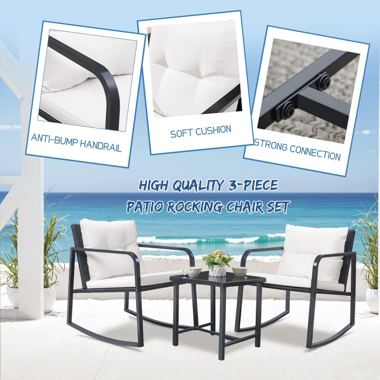 Greesum 3 Pieces Rocking Wicker Bistro Set, Patio Outdoor Furniture Conversation Sets with Porch Chairs and Glass Coffee Table, Beige - CookCave