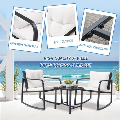 Greesum 3 Pieces Rocking Wicker Bistro Set, Patio Outdoor Furniture Conversation Sets with Porch Chairs and Glass Coffee Table, Beige - CookCave