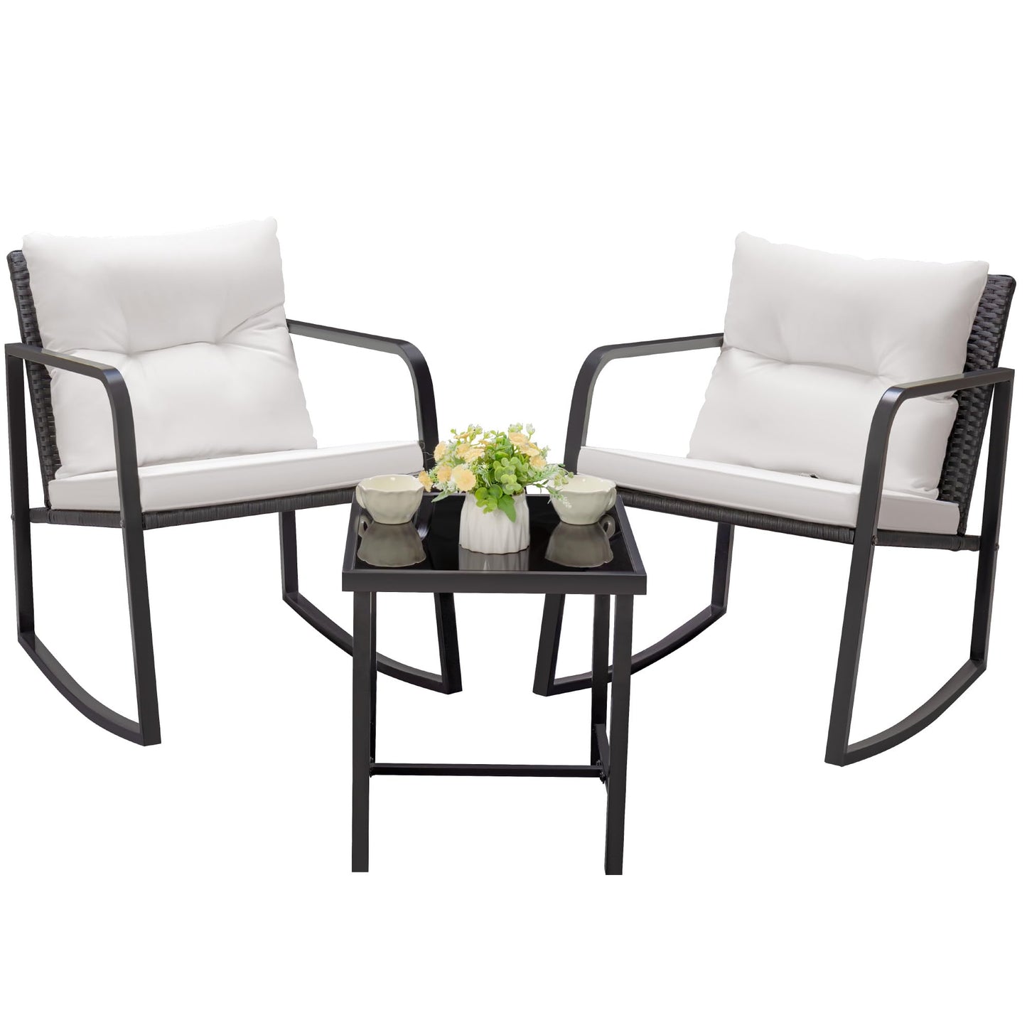 Greesum 3 Pieces Rocking Wicker Bistro Set, Patio Outdoor Furniture Conversation Sets with Porch Chairs and Glass Coffee Table, Beige - CookCave