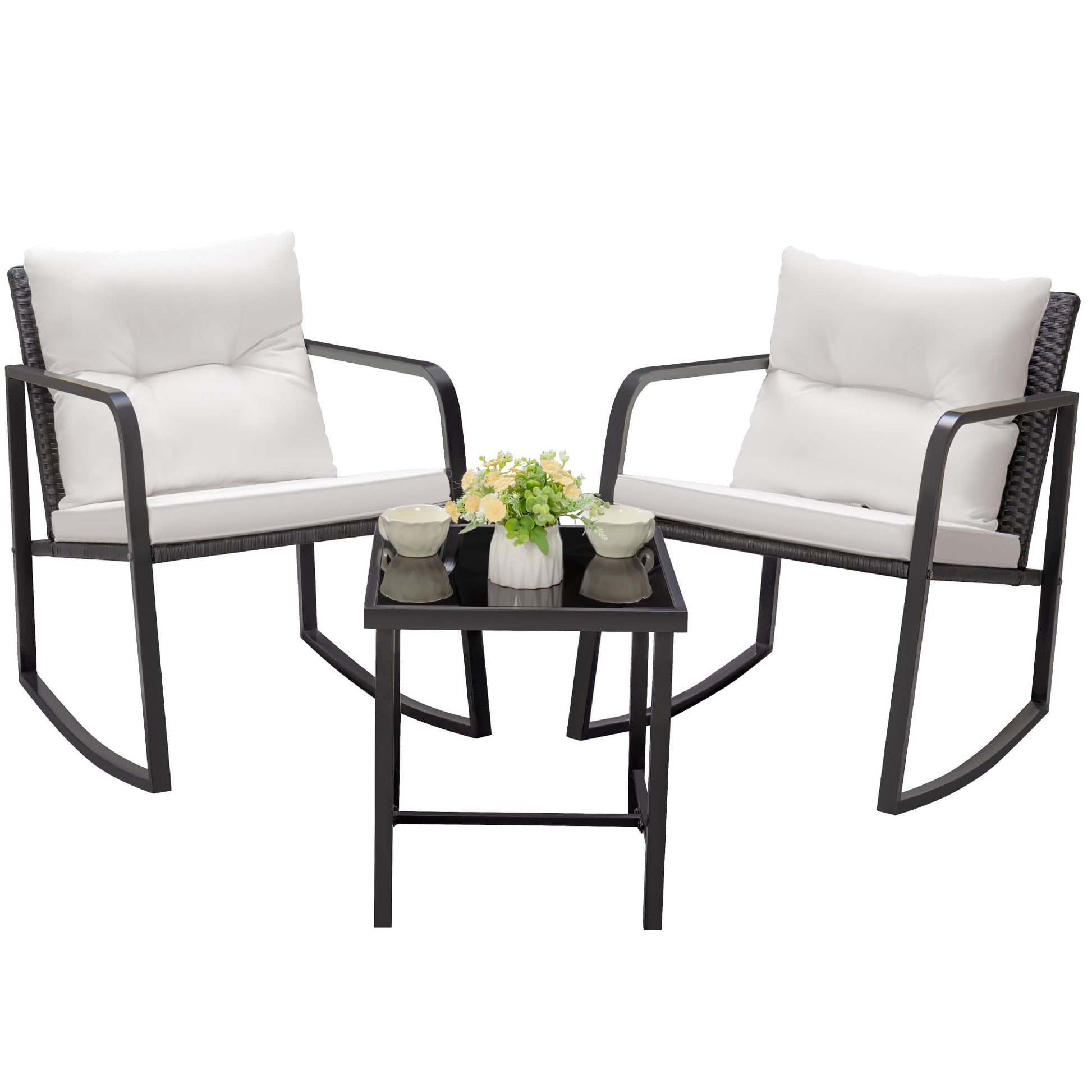Greesum 3 Pieces Rocking Wicker Bistro Set, Patio Outdoor Furniture Conversation Sets with Porch Chairs and Glass Coffee Table, Beige - CookCave