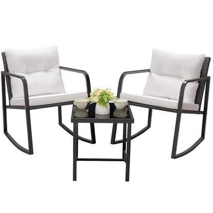 Greesum 3 Pieces Rocking Wicker Bistro Set, Patio Outdoor Furniture Conversation Sets with Porch Chairs and Glass Coffee Table, Beige - CookCave