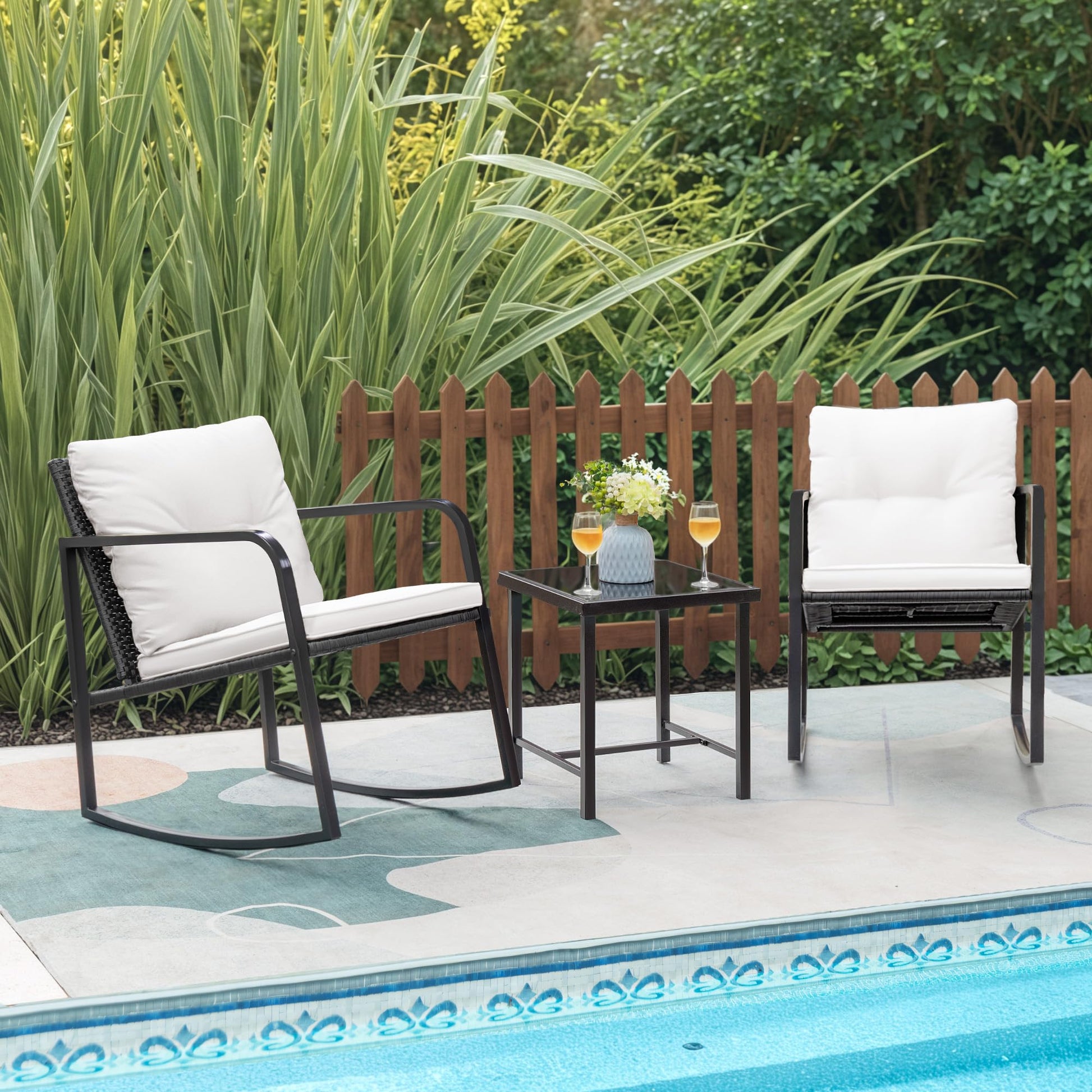 Greesum 3 Pieces Rocking Wicker Bistro Set, Patio Outdoor Furniture Conversation Sets with Porch Chairs and Glass Coffee Table, Beige - CookCave