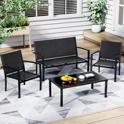 Greesum 4 Pieces Patio Furniture Set, Outdoor Conversation Sets for Patio, Lawn, Garden, Poolside with A Glass Coffee Table, Black - CookCave