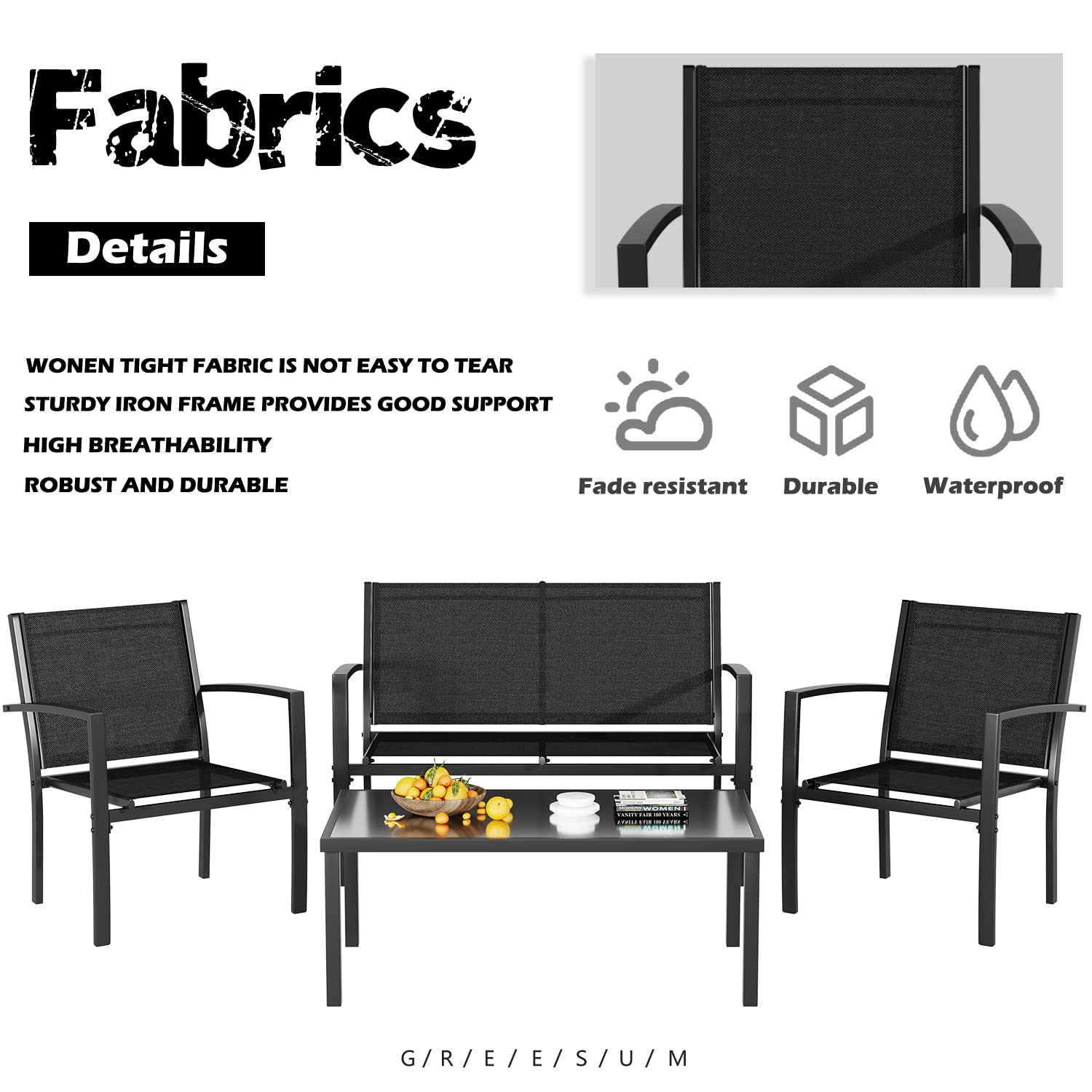 Greesum 4 Pieces Patio Furniture Set, Outdoor Conversation Sets for Patio, Lawn, Garden, Poolside with A Glass Coffee Table, Black - CookCave