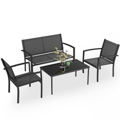 Greesum 4 Pieces Patio Furniture Set, Outdoor Conversation Sets for Patio, Lawn, Garden, Poolside with A Glass Coffee Table, Black - CookCave