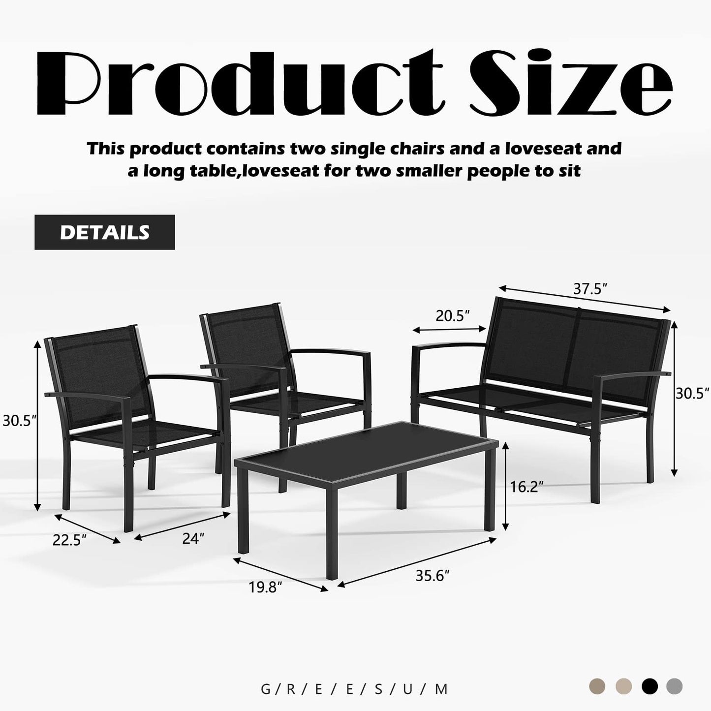 Greesum 4 Pieces Patio Furniture Set, Outdoor Conversation Sets for Patio, Lawn, Garden, Poolside with A Glass Coffee Table, Black - CookCave