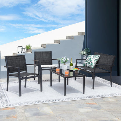 Greesum 4 Pieces Patio Furniture Set Outdoor Conversation Textilene Fabric Chairs for Lawn, Garden, Balcony, Poolside with A Glass Coffee Table, Black - CookCave