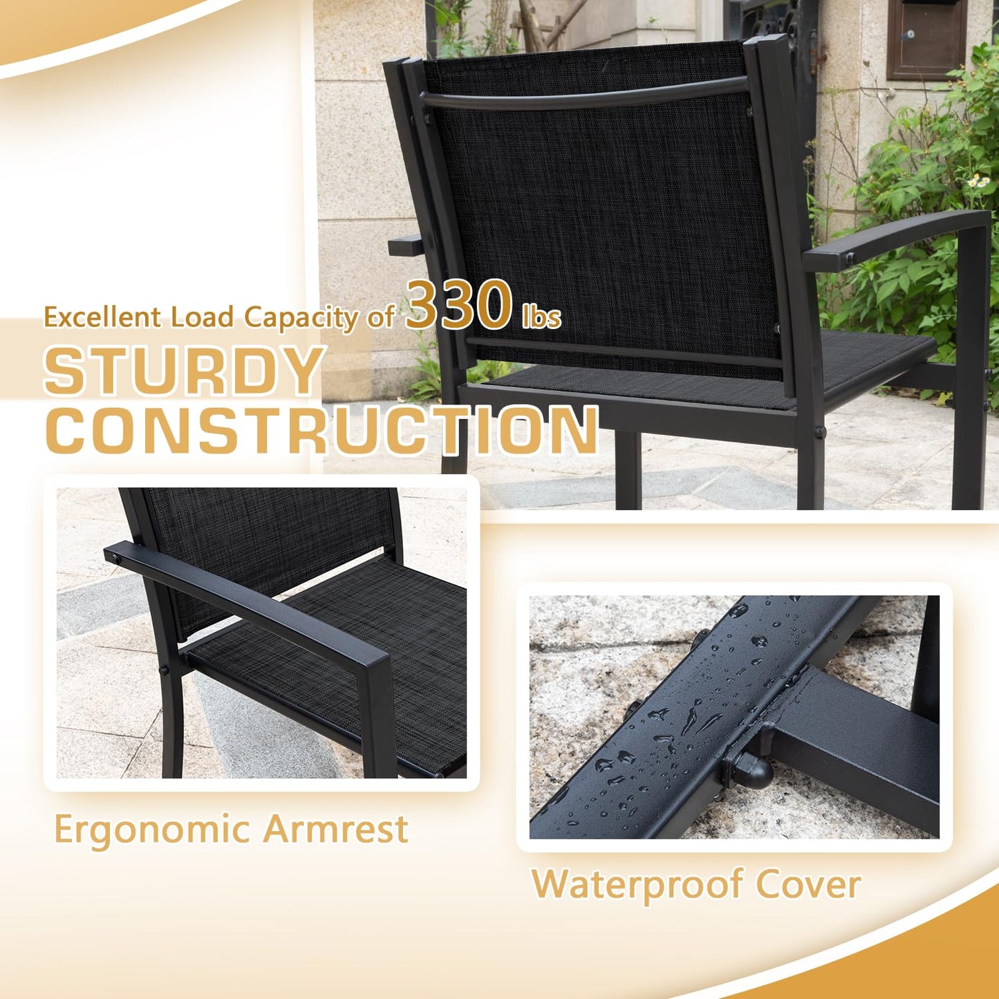 Greesum 4 Pieces Patio Furniture Set Outdoor Conversation Textilene Fabric Chairs for Lawn, Garden, Balcony, Poolside with A Glass Coffee Table, Black - CookCave