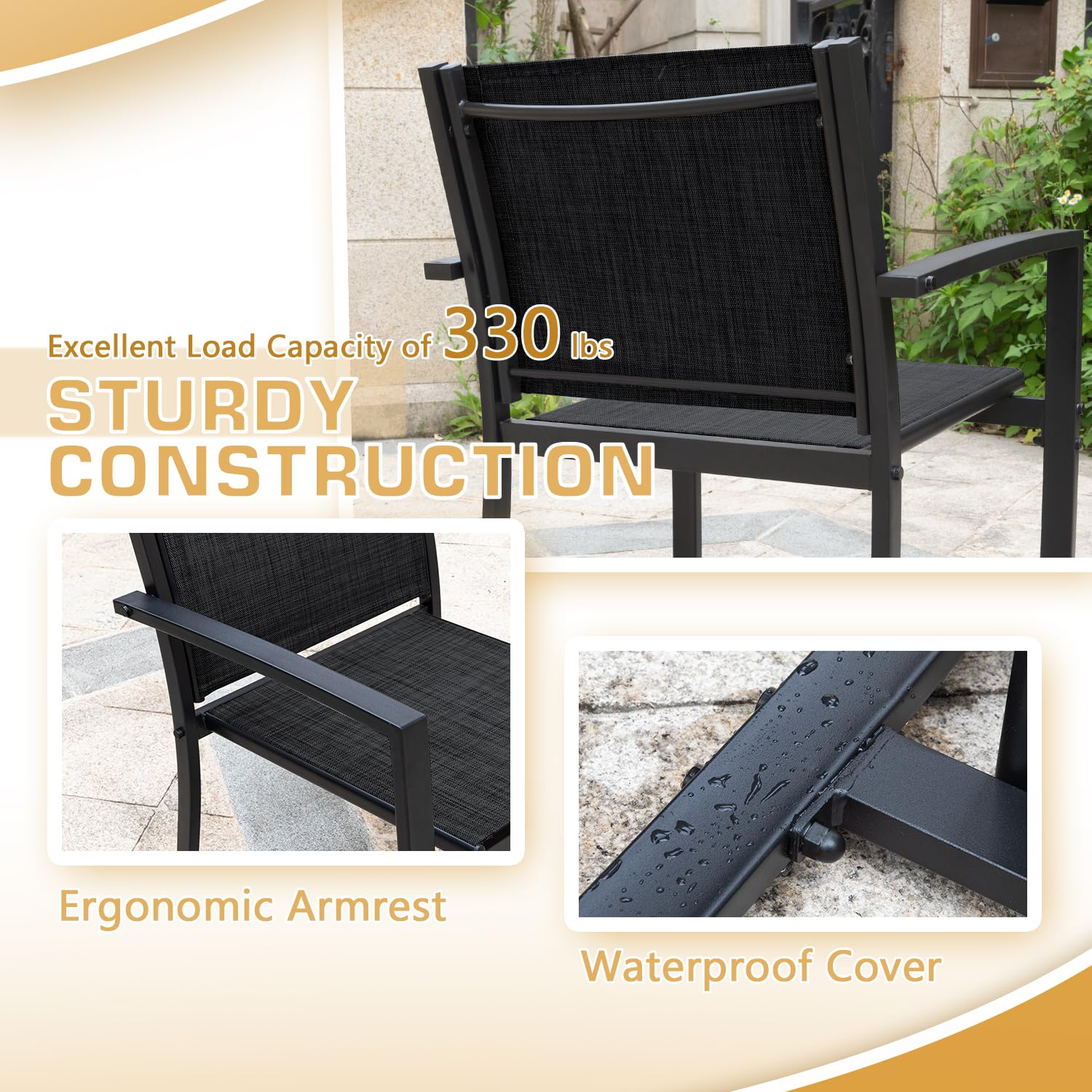 Greesum 4 Pieces Patio Furniture Set Outdoor Conversation Textilene Fabric Chairs for Lawn, Garden, Balcony, Poolside with A Glass Coffee Table, Black - CookCave