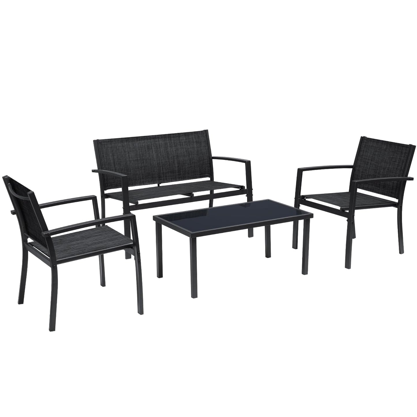 Greesum 4 Pieces Patio Furniture Set Outdoor Conversation Textilene Fabric Chairs for Lawn, Garden, Balcony, Poolside with A Glass Coffee Table, Black - CookCave