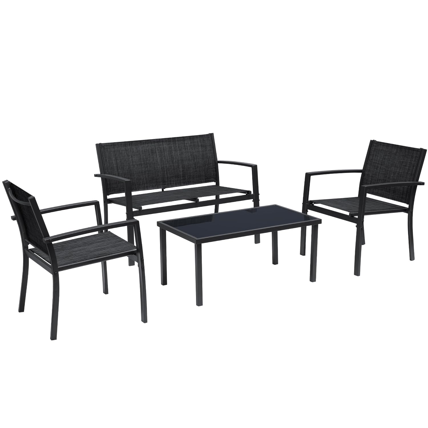 Greesum 4 Pieces Patio Furniture Set Outdoor Conversation Textilene Fabric Chairs for Lawn, Garden, Balcony, Poolside with A Glass Coffee Table, Black - CookCave