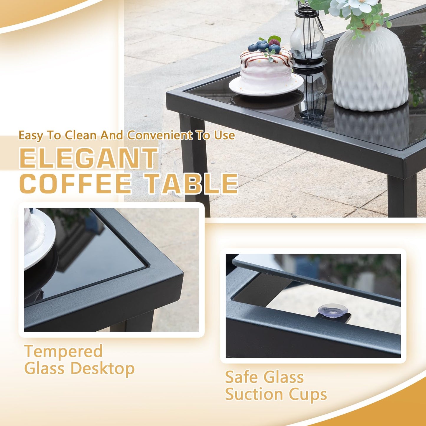 Greesum 4 Pieces Patio Furniture Set Outdoor Conversation Textilene Fabric Chairs for Lawn, Garden, Balcony, Poolside with A Glass Coffee Table, Black - CookCave