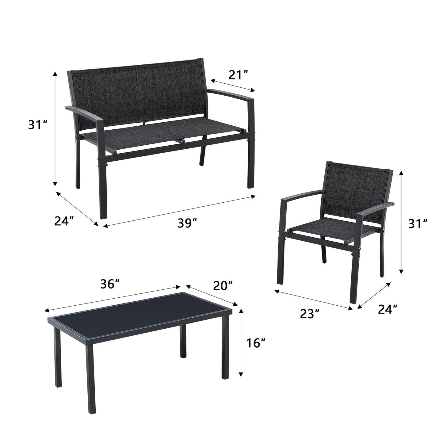 Greesum 4 Pieces Patio Furniture Set Outdoor Conversation Textilene Fabric Chairs for Lawn, Garden, Balcony, Poolside with A Glass Coffee Table, Black - CookCave