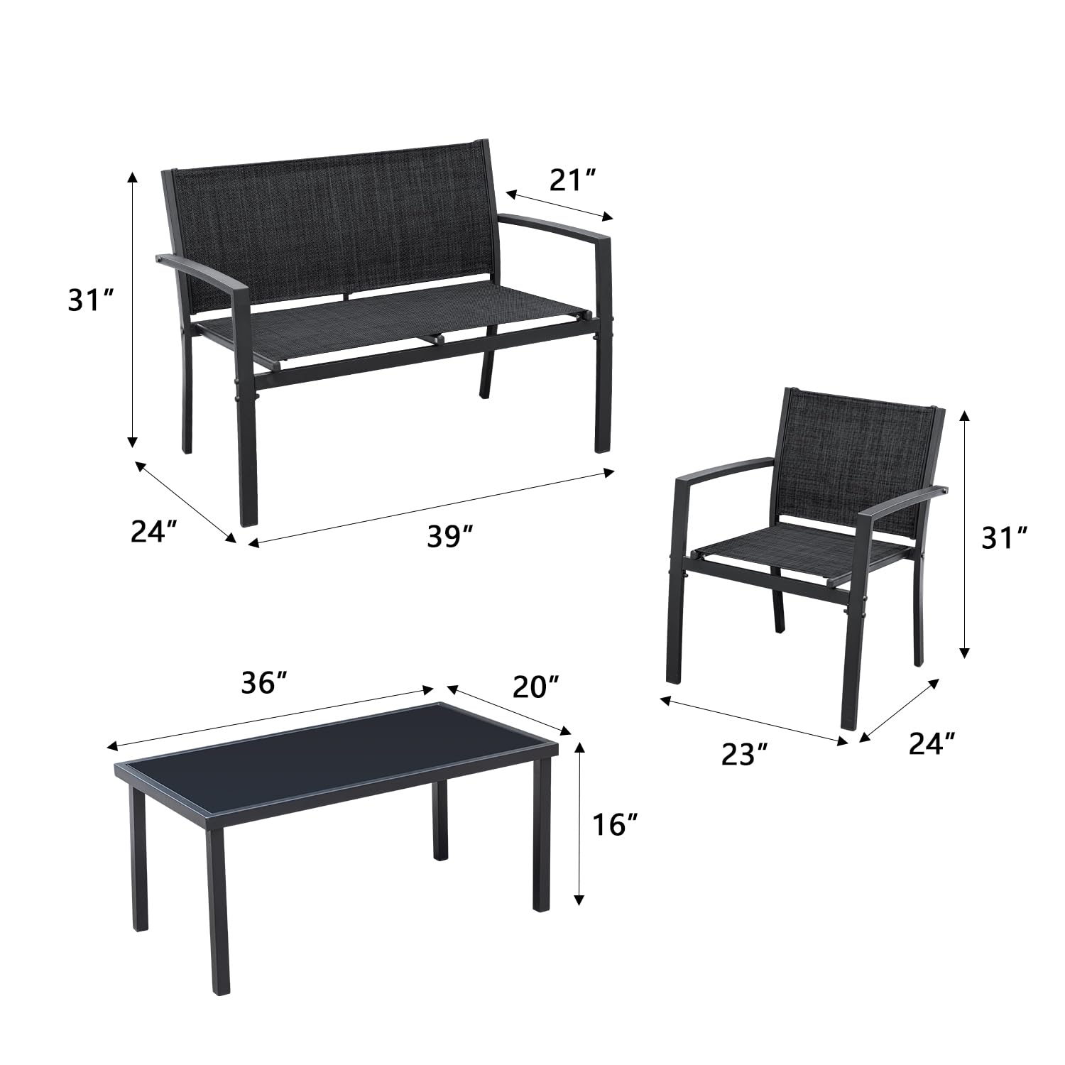 Greesum 4 Pieces Patio Furniture Set Outdoor Conversation Textilene Fabric Chairs for Lawn, Garden, Balcony, Poolside with A Glass Coffee Table, Black - CookCave