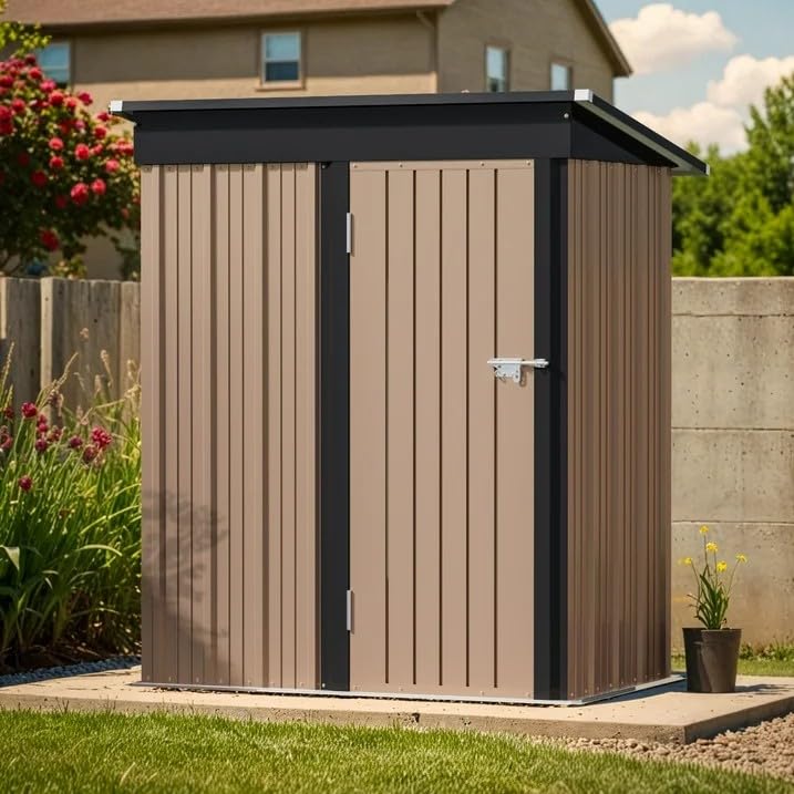 Greesum 5×3 FT Outdoor Storage Shed, Metal Storaged Sheds Without Floor, Tool Sheds with Lockable Doors and Slooping Roof for Garden, Patio, Backyard, Brown - CookCave