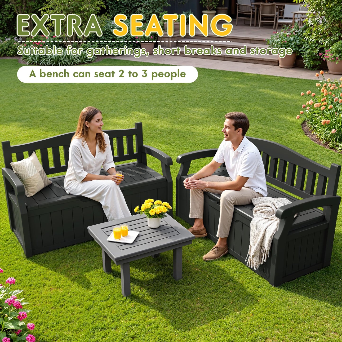 Greesum 80 Gallon Storage Bench Outdoor Deck Box with Armrest, Patio Furniture,Lockable, Waterproof and UV Resistant, Suitable for Garden, Pool, Black - CookCave