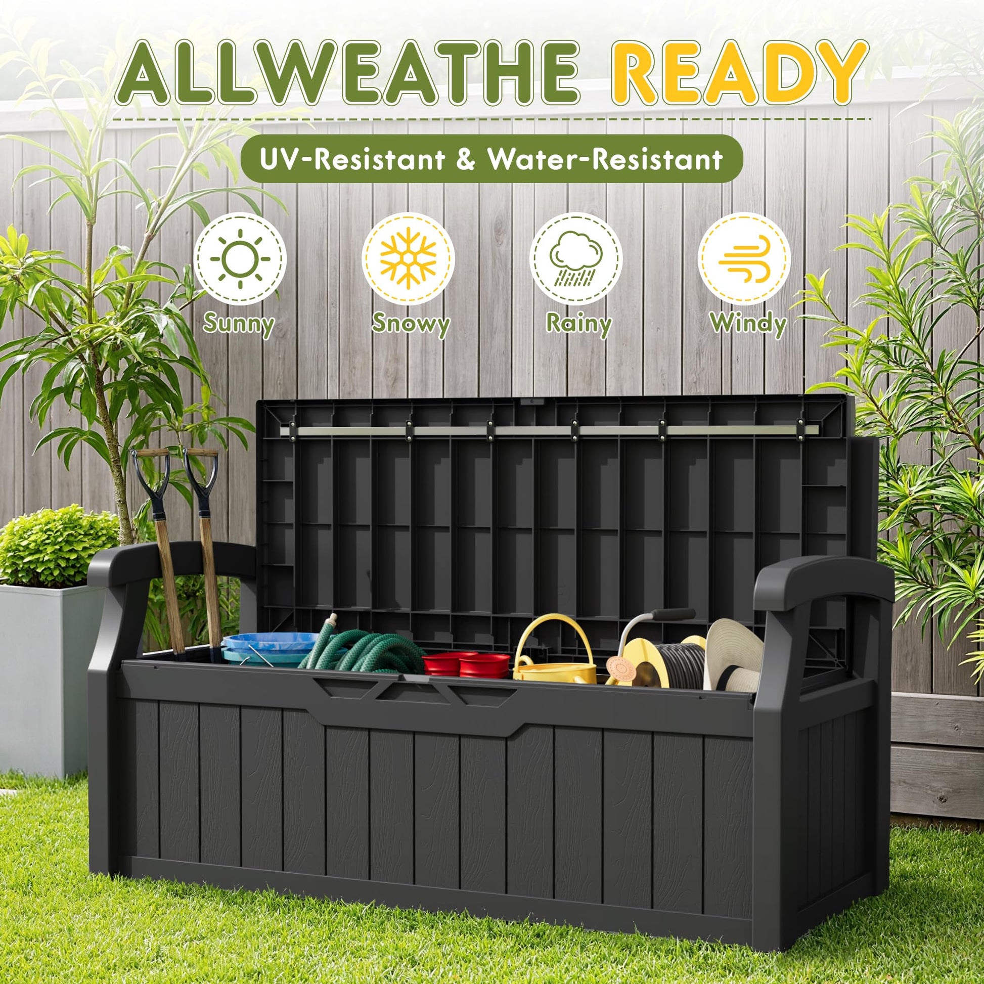 Greesum 80 Gallon Storage Bench Outdoor Deck Box with Armrest, Patio Furniture,Lockable, Waterproof and UV Resistant, Suitable for Garden, Pool, Black - CookCave