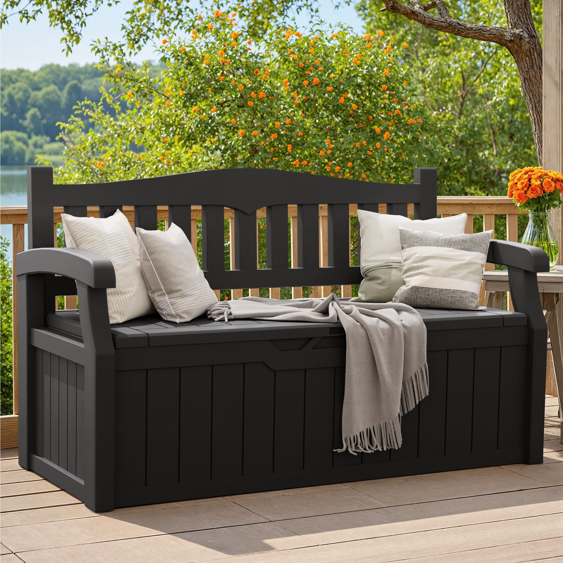 Greesum 80 Gallon Storage Bench Outdoor Deck Box with Armrest, Patio Furniture,Lockable, Waterproof and UV Resistant, Suitable for Garden, Pool, Black - CookCave