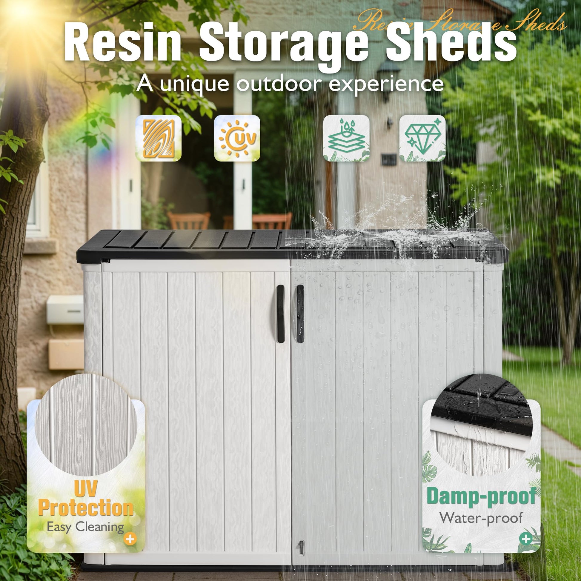 Greesum Outdoor Horizontal Storage Sheds 27 Cu.ft Resin Large Storaged Box Weather Resistance, Without Shelf, Easy to Assemble, Prefect for Garden, Patios, Backyards, White - CookCave