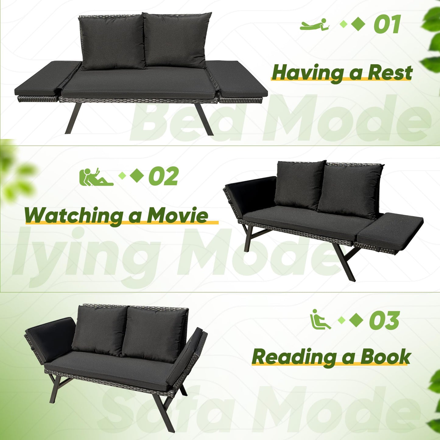 Greesum Outdoor Sofa, Woven Rattan Patio Furniture, Convertible Daybed or Double Chair with Adjustable Armrests, Cushions and Pillows for Yard, Porch, Pool, Black Lounger & Black Pillowcase - CookCave