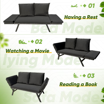 Greesum Outdoor Sofa, Woven Rattan Patio Furniture, Convertible Daybed or Double Chair with Adjustable Armrests, Cushions and Pillows for Yard, Porch, Pool, Black Lounger & Black Pillowcase - CookCave