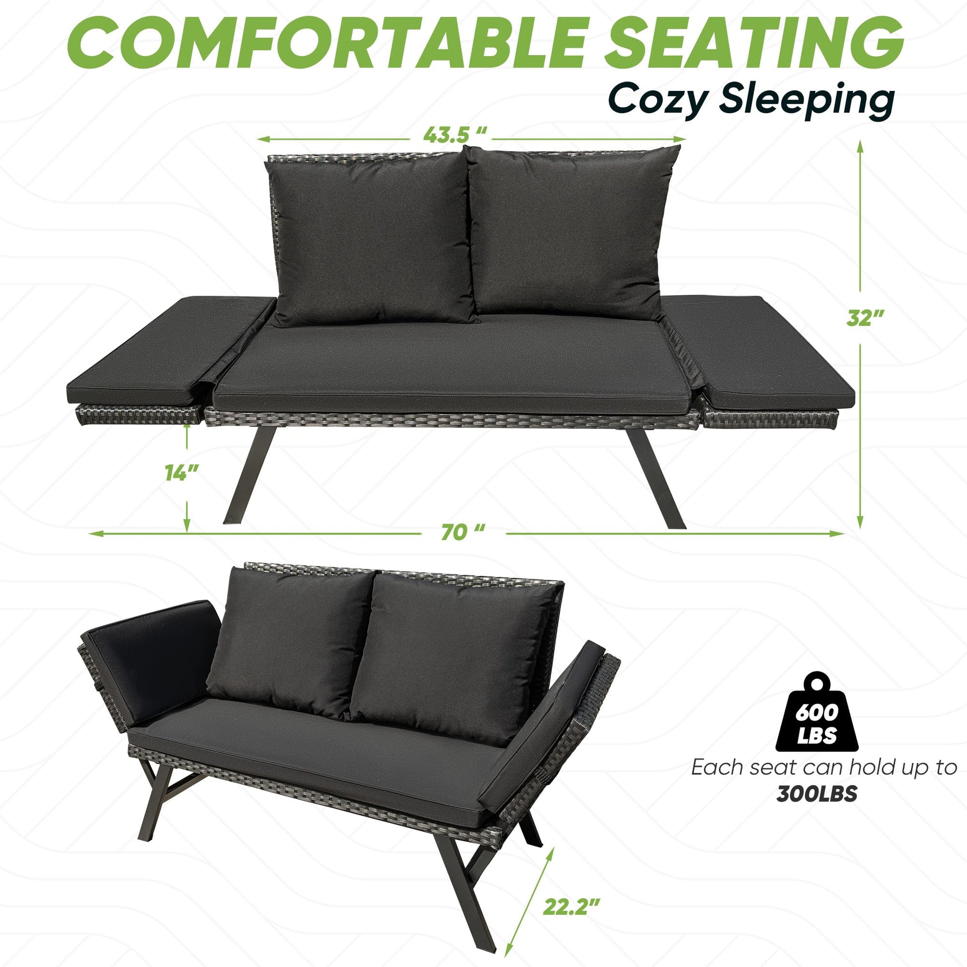 Greesum Outdoor Sofa, Woven Rattan Patio Furniture, Convertible Daybed or Double Chair with Adjustable Armrests, Cushions and Pillows for Yard, Porch, Pool, Black Lounger & Black Pillowcase - CookCave