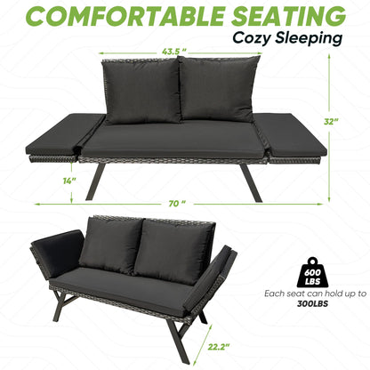 Greesum Outdoor Sofa, Woven Rattan Patio Furniture, Convertible Daybed or Double Chair with Adjustable Armrests, Cushions and Pillows for Yard, Porch, Pool, Black Lounger & Black Pillowcase - CookCave
