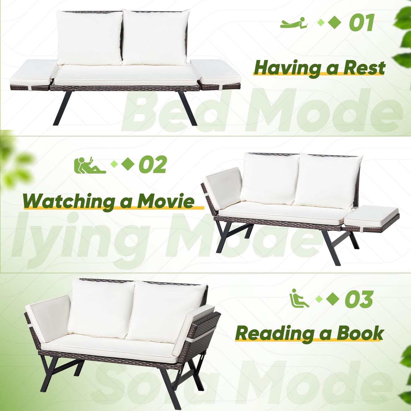 Greesum Outdoor Sofa, Woven Rattan Patio Furniture, Convertible Daybed or Double Chair with Adjustable Armrests, Cushions and Pillows for Yard, Porch, Pool, Brown Lounger & Beige Pillowcase - CookCave